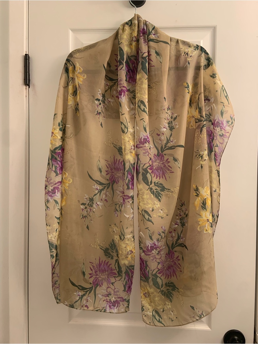 Source Unknown Beige Floral Chiffon Scarf with Purple Yellow Green Accents